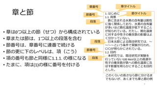 章と節
• 章は0つ以上の節（せつ）から構成されている
• 章または節は、1つ以上の段落を含む
• 節番号は、章番号に連番で続ける
• 節の更に下のレベルは、項（こう）
• 項の番号も節と同様に1.1.1. の様になる
• たまに、項は(1)の様に番号を付ける
9
1. はじめに
1.1. 背景
鉄に含まれる水素の含有量は脆性
に強く関係しており、水素の含有量
が多いほど脆化温度が低下すること
が知られている。だたし、脆化温度
に対する中性子の衝突数の影響はよ
く分かっていない。
日本太郎による既往研究では、〜
〜〜〜という条件で実験が行われ、
〇〇が明らかにされている。
1.2. 目的
本研究では、既往研究が実験を
行っていない100 MeV以上の高速中
性子の衝突数が鉄への脆化温度に及
ぼす影響を明らかにすることを目的
とした。
このくらいの長さなら節に分けるま
でもないが、あくまでも章と節の例
章番号 章タイトル
節タイトル
節番号
節番号
段落
段落
段落
 
