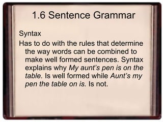 1.6 Sentence Grammar Syntax  Has to do with the rules that determine the way words can be combined to make well formed sentences. Syntax explains why  My aunt’s pen is on the table.  Is well formed while  Aunt’s my pen the table on is.  Is not. 