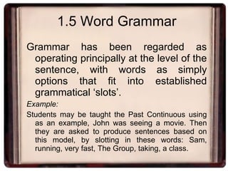 1.5 Word Grammar Grammar has been regarded as operating principally at the level of the sentence, with words as simply options that fit into established grammatical ‘slots’. Example: Students may be taught the Past Continuous using as an example, John was seeing a movie. Then they are asked to produce sentences based on this model, by slotting in these words: Sam, running, very fast, The Group, taking, a class. 