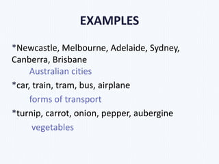 EXAMPLES
*Newcastle, Melbourne, Adelaide, Sydney,
Canberra, Brisbane
Australian cities
*car, train, tram, bus, airplane
forms of transport
*turnip, carrot, onion, pepper, aubergine
vegetables
 