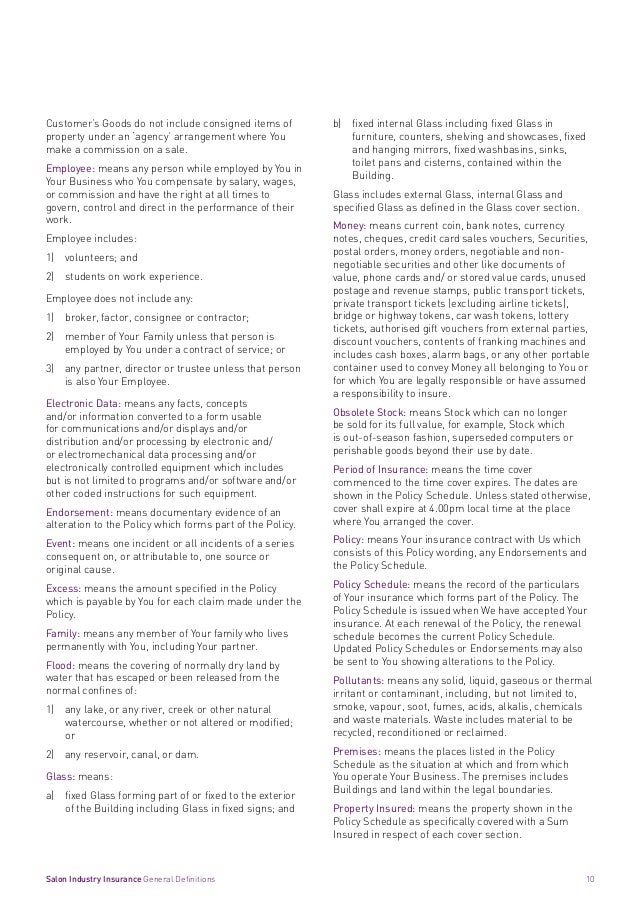 SalonCover Insurance, Policy Wording
