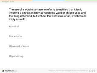 Wording the Speech

The use of a word or phrase to refer to something that it isn’t,
invoking a direct similarity between the word or phrase used and
the thing described, but without the words like or as, which would
imply a simile.
A) delimit

B) metaphor

C) weasel phrases

D) pandering

Free to share, print, make copies and changes. Get yours at www.boundless.com

 