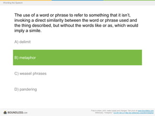 Wording the Speech

The use of a word or phrase to refer to something that it isn’t,
invoking a direct similarity between the word or phrase used and
the thing described, but without the words like or as, which would
imply a simile.
A) delimit

B) metaphor

C) weasel phrases

D) pandering

Free to share, print, make copies and changes. Get yours at www.boundless.com
Wiktionary. "metaphor." CC BY-SA 3.0 http://en.wiktionary.org/wiki/metaphor

 
