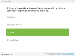 Wording the Speech

A figure of speech in which one thing is compared to another, in
the case of English generally using like or as.
A) delimit

B) weasel phrases

C) simile

D) pandering

Free to share, print, make copies and changes. Get yours at www.boundless.com
Wiktionary. "simile." CC BY-SA 3.0 http://en.wiktionary.org/wiki/simile

 