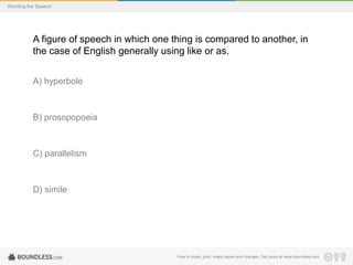 Wording the Speech

A figure of speech in which one thing is compared to another, in
the case of English generally using like or as.
A) hyperbole

B) prosopopoeia

C) parallelism

D) simile

Free to share, print, make copies and changes. Get yours at www.boundless.com

 