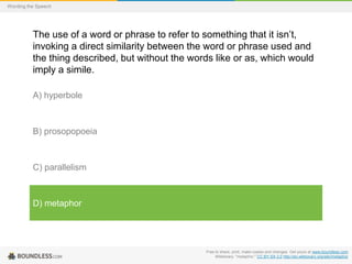 Wording the Speech

The use of a word or phrase to refer to something that it isn’t,
invoking a direct similarity between the word or phrase used and
the thing described, but without the words like or as, which would
imply a simile.
A) hyperbole

B) prosopopoeia

C) parallelism

D) metaphor

Free to share, print, make copies and changes. Get yours at www.boundless.com
Wiktionary. "metaphor." CC BY-SA 3.0 http://en.wiktionary.org/wiki/metaphor

 