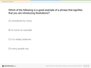 Wording the Speech

Which of the following is a good example of a phrase that signifies
that you are introducing illustrations?
A) considered by many

B) to name an example

C) it is widely believed

D) many people say

Free to share, print, make copies and changes. Get yours at www.boundless.com

 