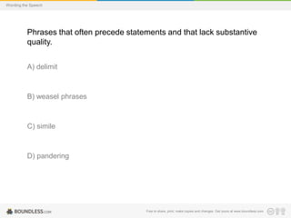 Wording the Speech

Phrases that often precede statements and that lack substantive
quality.
A) delimit

B) weasel phrases

C) simile

D) pandering

Free to share, print, make copies and changes. Get yours at www.boundless.com

 