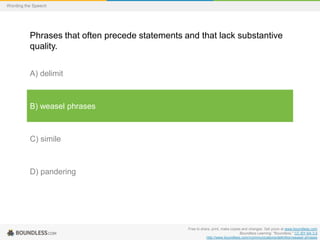 Wording the Speech

Phrases that often precede statements and that lack substantive
quality.
A) delimit

B) weasel phrases

C) simile

D) pandering

Free to share, print, make copies and changes. Get yours at www.boundless.com
Boundless Learning. "Boundless." CC BY-SA 3.0
http://www.boundless.com//communications/definition/weasel-phrases

 