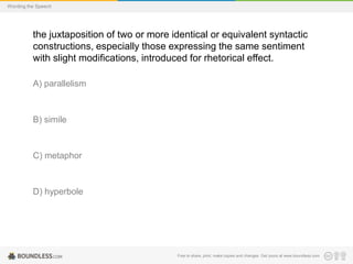 Wording the Speech

the juxtaposition of two or more identical or equivalent syntactic
constructions, especially those expressing the same sentiment
with slight modifications, introduced for rhetorical effect.
A) parallelism

B) simile

C) metaphor

D) hyperbole

Free to share, print, make copies and changes. Get yours at www.boundless.com

 