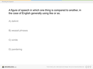 Wording the Speech

A figure of speech in which one thing is compared to another, in
the case of English generally using like or as.
A) delimit

B) weasel phrases

C) simile

D) pandering

Free to share, print, make copies and changes. Get yours at www.boundless.com

 