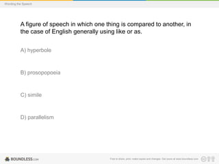 Wording the Speech

A figure of speech in which one thing is compared to another, in
the case of English generally using like or as.
A) hyperbole

B) prosopopoeia

C) simile

D) parallelism

Free to share, print, make copies and changes. Get yours at www.boundless.com

 