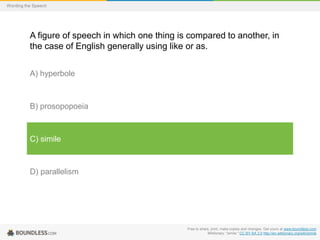 Wording the Speech

A figure of speech in which one thing is compared to another, in
the case of English generally using like or as.
A) hyperbole

B) prosopopoeia

C) simile

D) parallelism

Free to share, print, make copies and changes. Get yours at www.boundless.com
Wiktionary. "simile." CC BY-SA 3.0 http://en.wiktionary.org/wiki/simile

 
