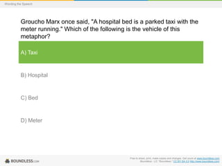 Wording the Speech

Groucho Marx once said, "A hospital bed is a parked taxi with the
meter running." Which of the following is the vehicle of this
metaphor?
A) Taxi

B) Hospital

C) Bed

D) Meter

Free to share, print, make copies and changes. Get yours at www.boundless.com
Boundless - LO. "Boundless." CC BY-SA 3.0 http://www.boundless.com/

 