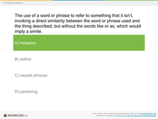 Wording the Speech

The use of a word or phrase to refer to something that it isn’t,
invoking a direct similarity between the word or phrase used and
the thing described, but without the words like or as, which would
imply a simile.
A) metaphor

B) delimit

C) weasel phrases

D) pandering

Free to share, print, make copies and changes. Get yours at www.boundless.com
Wiktionary. "metaphor." CC BY-SA 3.0 http://en.wiktionary.org/wiki/metaphor

 