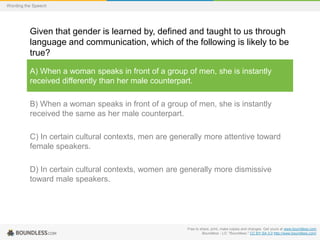 Wording the Speech

Given that gender is learned by, defined and taught to us through
language and communication, which of the following is likely to be
true?
A) When a woman speaks in front of a group of men, she is instantly
received differently than her male counterpart.
B) When a woman speaks in front of a group of men, she is instantly
received the same as her male counterpart.

C) In certain cultural contexts, men are generally more attentive toward
female speakers.
D) In certain cultural contexts, women are generally more dismissive
toward male speakers.

Free to share, print, make copies and changes. Get yours at www.boundless.com
Boundless - LO. "Boundless." CC BY-SA 3.0 http://www.boundless.com/

 