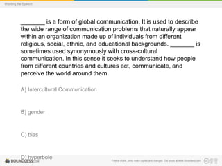 Wording the Speech

_______ is a form of global communication. It is used to describe
the wide range of communication problems that naturally appear
within an organization made up of individuals from different
religious, social, ethnic, and educational backgrounds. _______ is
sometimes used synonymously with cross-cultural
communication. In this sense it seeks to understand how people
from different countries and cultures act, communicate, and
perceive the world around them.
A) Intercultural Communication

B) gender

C) bias

D) hyperbole

Free to share, print, make copies and changes. Get yours at www.boundless.com

 