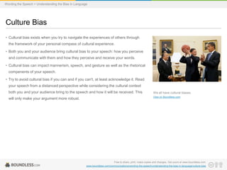 Wording the Speech > Understanding the Bias in Language

Culture Bias
• Cultural bias exists when you try to navigate the experiences of others through
the framework of your personal compass of cultural experience.
• Both you and your audience bring cultural bias to your speech: how you perceive

and communicate with them and how they perceive and receive your words.
• Cultural bias can impact mannerism, speech, and gesture as well as the rhetorical
compenents of your speech.
• Try to avoid cultural bias if you can and if you can't, at least acknowledge it. Read
your speech from a distanced perspective while considering the cultural context
both you and your audience bring to the speech and how it will be received. This

We all have cultural biases.

will only make your argument more robust.

View on Boundless.com

Free to share, print, make copies and changes. Get yours at www.boundless.com
www.boundless.com/communications/wording-the-speech/understanding-the-bias-in-language/culture-bias

 