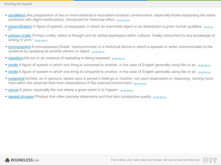 Wording the Speech

• parallelism the juxtaposition of two or more identical or equivalent syntactic constructions, especially those expressing the same
sentiment with slight modifications, introduced for rhetorical effect. (CC BY-SA 3.0)
• personification A figure of speech, prosopopeia, in which an inanimate object or an abstraction is given human qualities.

(CC BY-SA

3.0)

• primary orality Primary orality’ refers to thought and its verbal expression within cultures “totally untouched by any knowledge of
writing or print.” (CC BY-SA 3.0)
• prosopopoeia A prosopopoeia (Greek: προσωποποιία) is a rhetorical device in which a speaker or writer communicates to the
audience by speaking as another person or object. (CC BY-SA 3.0)

• repetition the act or an instance of repeating or being repeated. (CC BY-SA 3.0)
• simile A figure of speech in which one thing is compared to another, in the case of English generally using like or as.

(CC BY-SA 3.0)

• simile A figure of speech in which one thing is compared to another, in the case of English generally using like or as.

(CC BY-SA 3.0)

• subjective formed, as in opinions, based upon a person's feelings or intuition, not upon observation or reasoning; coming more
from within the observer than from observations of the external environment. (CC BY-SA 3.0)
• venue A place, especially the one where a given event is to happen. (CC BY-SA 3.0)

• weasel phrases Phrases that often precede statements and that lack substantive quality. (CC BY-SA 3.0)

Free to share, print, make copies and changes. Get yours at www.boundless.com

 