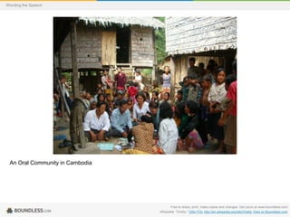 Wording the Speech

An Oral Community in Cambodia

Free to share, print, make copies and changes. Get yours at www.boundless.com
Wikipedia. "Orality." GNU FDL http://en.wikipedia.org/wiki/Orality View on Boundless.com

 