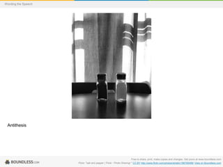 Wording the Speech

Antithesis

Free to share, print, make copies and changes. Get yours at www.boundless.com
Flickr. "salt and pepper | Flickr - Photo Sharing!." CC BY http://www.flickr.com/photos/striatic/166766499/ View on Boundless.com

 