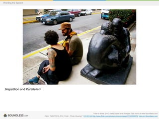 Wording the Speech

Repetition and Parallelism

Free to share, print, make copies and changes. Get yours at www.boundless.com
Flickr. "IMGP7012.JPG | Flickr - Photo Sharing!." CC BY-SA http://www.flickr.com/photos/crimsonninjagirl/1106322878/ View on Boundless.com

 