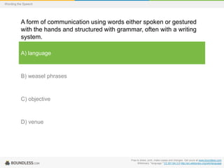Wording the Speech

A form of communication using words either spoken or gestured
with the hands and structured with grammar, often with a writing
system.
A) language

B) weasel phrases

C) objective

D) venue

Free to share, print, make copies and changes. Get yours at www.boundless.com
Wiktionary. "language." CC BY-SA 3.0 http://en.wiktionary.org/wiki/language

 