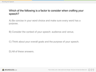 Wording the Speech

Which of the following is a factor to consider when crafting your
speech?
A) Be concise in your word choice and make sure every word has a
purpose.

B) Consider the context of your speech: audience and venue.

C) Think about your overall goals and the purpose of your speech.

D) All of these answers.

Free to share, print, make copies and changes. Get yours at www.boundless.com

 