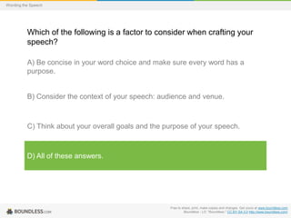 Wording the Speech

Which of the following is a factor to consider when crafting your
speech?
A) Be concise in your word choice and make sure every word has a
purpose.

B) Consider the context of your speech: audience and venue.

C) Think about your overall goals and the purpose of your speech.

D) All of these answers.

Free to share, print, make copies and changes. Get yours at www.boundless.com
Boundless - LO. "Boundless." CC BY-SA 3.0 http://www.boundless.com/

 