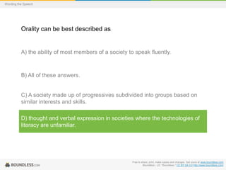 Wording the Speech

Orality can be best described as

A) the ability of most members of a society to speak fluently.

B) All of these answers.

C) A society made up of progressives subdivided into groups based on
similar interests and skills.
D) thought and verbal expression in societies where the technologies of
literacy are unfamiliar.

Free to share, print, make copies and changes. Get yours at www.boundless.com
Boundless - LO. "Boundless." CC BY-SA 3.0 http://www.boundless.com/

 