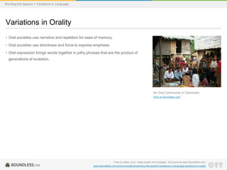 Wording the Speech > Variations in Language

Variations in Orality
• Oral societies use narrative and repetition for ease of memory.
• Oral societies use directness and force to express emphasis.
• Oral expression brings words together in pithy phrases that are the product of

generations of evolution.

An Oral Community in Cambodia
View on Boundless.com

Free to share, print, make copies and changes. Get yours at www.boundless.com
www.boundless.com/communications/wording-the-speech/variations-in-language/variations-in-orality

 