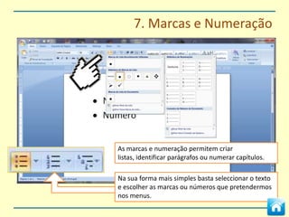 6. Cabeçalhos e Rodapés




Podemos ter um documento cuja primeira página
não tenha cabeçalho.


Para isso, seleccionar a opção Diferente na 1ª Página
nas opções.
 