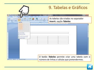 8. Índice Automático



Para inserir o índice criamos uma página em branco e
clicamos no botão Índice.

O estilo do índice vai reflectir o nível escolhido para
as palavras-chave.
 
