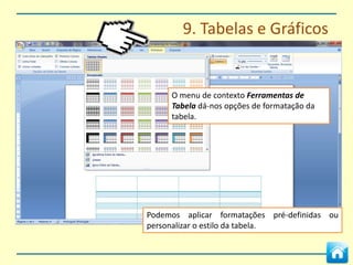 8. Índice Automático

         Podemos inserir o índice e actualizar a
         qualquer momento.




A opção Actualizar Índice permite-nos em qualquer
momento actualizar o número das páginas e novas
entradas de índice.
 