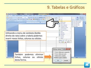 8. Índice Automático



Podemos criar um índice de
imagens, gráfcos ou tabelas através da
opção Inserir índice de ilustrações.




 O índice de imagens pode ser
 actualizado automaticamente na
 opção Actualizar Índice.
 
