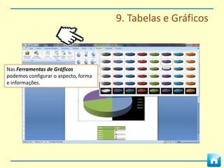 9. Tabelas e Gráficos


Podemos desenhar ou apagar limites
dentro das células através das opções
Desenhar Tabela ou Borracha.




                                        Podemos personalizar o tipo de
                                        linha, espessura e cor.
 