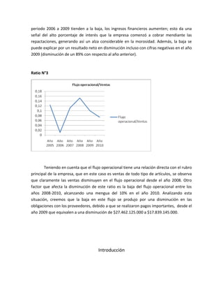 periodo 2006 a 2009 tienden a la baja, los ingresos financieros aumenten; esto da una
señal del alto porcentaje de interés que la empresa comenzó a cobrar mendiante las
repactaciones, generando así un alza considerable en la morosidad. Además, la baja se
puede explicar por un resultado neto en disminución incluso con cifras negativas en el año
2009 (disminución de un 89% con respecto al año anterior).



Ratio N°3




        Teniendo en cuenta que el flujo operacional tiene una relación directa con el rubro
principal de la empresa, que en este caso es ventas de todo tipo de artículos, se observa
que claramente las ventas disminuyen en el flujo operacional desde el año 2008. Otro
factor que afecta la disminución de este ratio es la baja del flujo operacional entre los
años 2008-2010, alcanzando una mengua del 10% en el año 2010. Analizando esta
situación, creemos que la baja en este flujo se produjo por una disminución en las
obligaciones con los proveedores, debido a que se realizaron pagos importantes, desde el
año 2009 que equivalen a una disminución de $27.462.125.000 a $17.839.145.000.




                                      Introducción
 