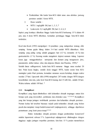 33
 Pembedahan bila kadar beta-hCG tidak turun atau aktivitas jantung
persisten setelah 3 dosis MTX.
2. Dosis variable :
 MTX 1 mg/kgBB IM, hari 1, 3, 5, 7
 Leukovorin 0,1 mg/KgBB IM, hari 2, 4, 6, 8
Injeksi yang kontinyu diberikan hingga kadar beta-hCG berkurang 15 % dalam 48
jam, atau 4 dosis MTX diberikan, kemudian perminggu hingga beta-hCG tidak
terdeteksi.
Kool dan Kock (1992) mempelajari 16 penelitian yang melaporkan tentang efek
samping. Semua gejala hilang dalam 3-4 hari setelah MTX dihentikan. Efek
samping yang paling sering adalah gangguan hati (12 %), stomatitis (6 %) dan
gastroenteritis (1 %). Seorang wanita mengalami depresi sumsum tulang. Laporan
kasus juga menggambarkan netropenia dan demam yang mengancam jiwa,
pneumonitis akibat induce obat, dan alopesia (Buster dan Pisarska, 1999).4
Setelah linear salfingostomi, kadar beta hCG menurun hingga masa resolusi 20
hari. Pada kasus langka, setelah dosis tunggal MTX, kadar serum beta hCG
meningkat pada 4 hari pertama, kemudian menurun secara bertahap, dengan waktu
resolusi 27 hari. Lipscomb dkk (1998) mengobati 287 wanita dengan MTX dengan
kesembuhan rata-rata, yaitu level beta hCG kurang dari 15 mIU/mL, adalah 34 hari.
Waktu terlama adalah 109 hari. 4
2.11 Komplikasi
Komplikasi yang dapat ditimbulkan oleh kehamilan ektopik terganggu antara lain
berupa syok yang irreversibel, perlekatan dan obstruksi usus 1,4,5,6,8,10. Komplikasi
yang lain berupa jaringan trofoblastik persisten dan kehamilan ektopik persisten .
Namun kedua hal tersebut biasanya terjadi pada kehamilan ektopik yang belum
pecah dan menjalani terapi bedah konservatif (salpingostomi), sehingga diperlukan
pemantauan yang ketat pasca terapi.4,5,6,8
Risiko kehamilan ektopik persisten dengan pembedahan konservatif
melalui laparotomi sebesar 5 %. Laparoskopi salpingostomi dihubungkan dengan
tingginya angka jaringan tropoblas persisten; kira-kira 15 % pasien memerlukan
 