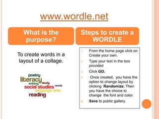www.wordle.net
  What is the           Steps to create a
  purpose?                 WORDLE
                        1.   From the home page click on
To create words in a         Create your own.
 layout of a collage.   2.   Type your text in the box
                             provided
                        3.   Click GO.
                        4.    Once created, you have the
                             option to change layout by
                             clicking Randomize. Then
                             you have the choice to
                             change the font and color.
                        5.   Save to public gallery.
 