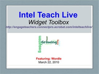 Intel Teach Live   Widget Toolbox  http://engageteachers.connectpro.acrobat.com/intelteachlive/     Featuring: Wordle March 22, 2010 