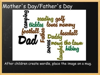 Mother's Day/Father's Day
After children create wordle, place the image on a mug. Or use
fabric transfer paper and make a ...