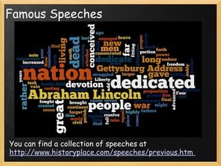 Famous Speeches
You can find a collection of speeches at
http://www.historyplace.com/speeches/previous.htm
 