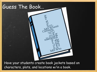 Guess The Book… Have your students create book jackets based on characters, plots, and locations w/in a book. 