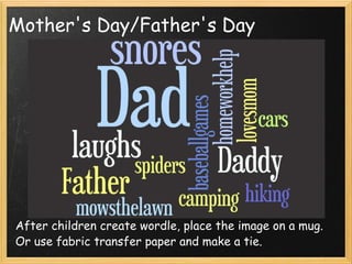 Mother's Day/Father's Day After children create wordle, place the image on a mug.  Or use fabric transfer paper and make a tie. 