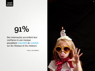 6
word
media




        91%
Des internautes accordent leur
confiance à une marque
possédant notoriété et visibilité
sur les réseaux et les moteurs
                    Source : Journaldunet
 