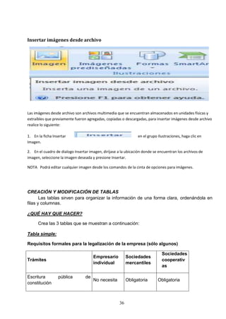 Insertar imágenes desde archivo

Las imágenes desde archivo son archivos multimedia que se encuentran almacenados en unidades físicas y
extraíbles que previamente fueron agregadas, copiadas o descargadas, para insertar imágenes desde archivo
realice lo siguiente:
1. En la ficha Insertar
Imagen.

en el grupo Ilustraciones, haga clic en

2. En el cuadro de dialogo Insertar imagen, diríjase a la ubicación donde se encuentran los archivos de
imagen, seleccione la imagen deseada y presione Insertar.
NOTA Podrá editar cualquier imagen desde los comandos de la cinta de opciones para imágenes.

CREACIÓN Y MODIFICACIÓN DE TABLAS
Las tablas sirven para organizar la información de una forma clara, ordenándola en
filas y columnas.
¿QUÉ HAY QUE HACER?
Crea las 3 tablas que se muestran a continuación:
Tabla simple:
Requisitos formales para la legalización de la empresa (sólo algunos)
Empresario
individual

Trámites

Escritura
constitución

pública

de

Sociedades
mercantiles

No necesita

Obligatoria

36

Sociedades
cooperativ
as
Obligatoria

 