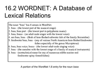 16.2 WORDNET: A Database of
Lexical Relations
A portion of the WordNet 1.6 entry for the noun bass
 
