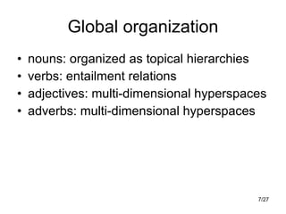Global organization nouns: organized as topical hierarchies verbs: entailment relations adjectives: multi-dimensional hyperspaces adverbs: multi-dimensional hyperspaces 