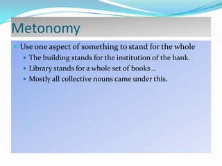 Metonomy
 Use one aspect of something to stand for the whole
 The building stands for the institution of the bank.
 Library stands for a whole set of books ..
 Mostly all collective nouns came under this.

 