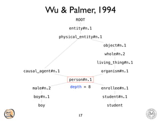 Wu & Palmer, 1994
17
boy student
boy#n.1
male#n.2
person#n.1
causal_agent#n.1
physical_entity#n.1
entity#n.1
ROOT
organism#n.1
living_thing#n.1
whole#n.2
object#n.1
enrollee#n.1
student#n.1
depth = 8
 